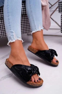 Klapki Na Korku z Kokardą Czarne Metalics