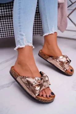 Klapki Na Korku z Kokardą Różowe Złoto Metalics