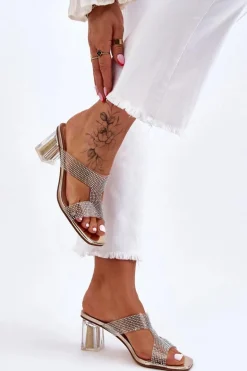 Klapki Na Obcasie Z Dżetami Złote Jaxen