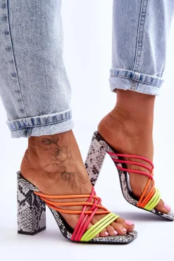 Klapki Na Obcasie Z Paseczkami Wężowe Neonowe Beckie