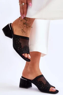 Klapki Na Obcasie Z Siateczką S.Barski KV-612-1 Czarne