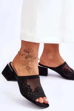 Klapki Na Obcasie Z Siateczką S.Barski KV-612-1 Czarne