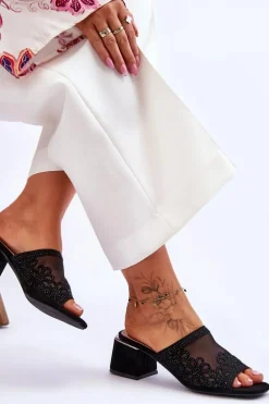 Klapki Na Obcasie Z Siateczką S.Barski KV-612-1 Czarne