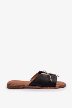 Klapki Na Płaskiej Podeszwie Z Ozdobną Kokardką Czarne Deonelis