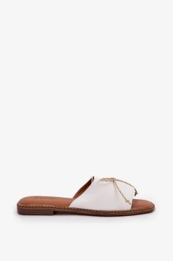 Klapki Na Płaskiej Podeszwie Z Ozdobną Kokardką Białe Deonelis