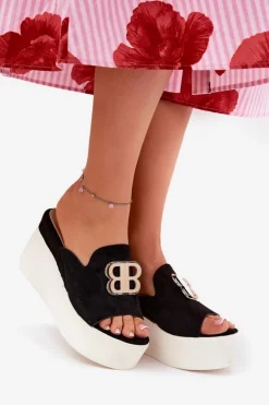 Klapki Na Platformie I Koturnie Z Ozdobą Czarne Tanonea