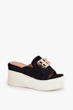 Klapki Na Platformie I Koturnie Z Ozdobą Czarne Tanonea