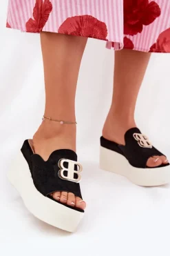 Klapki Na Platformie I Koturnie Z Ozdobą Czarne Tanonea