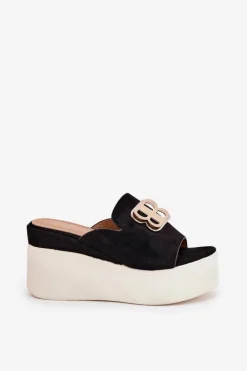 Klapki Na Platformie I Koturnie Z Ozdobą Czarne Tanonea