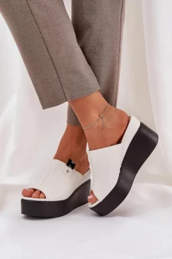 Klapki Na Platformie I Koturnie Eko Skórzane Białe Eridoria