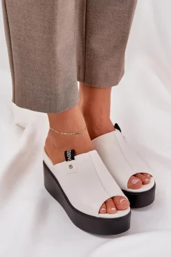 Klapki Na Platformie I Koturnie Eko Skórzane Białe Eridoria