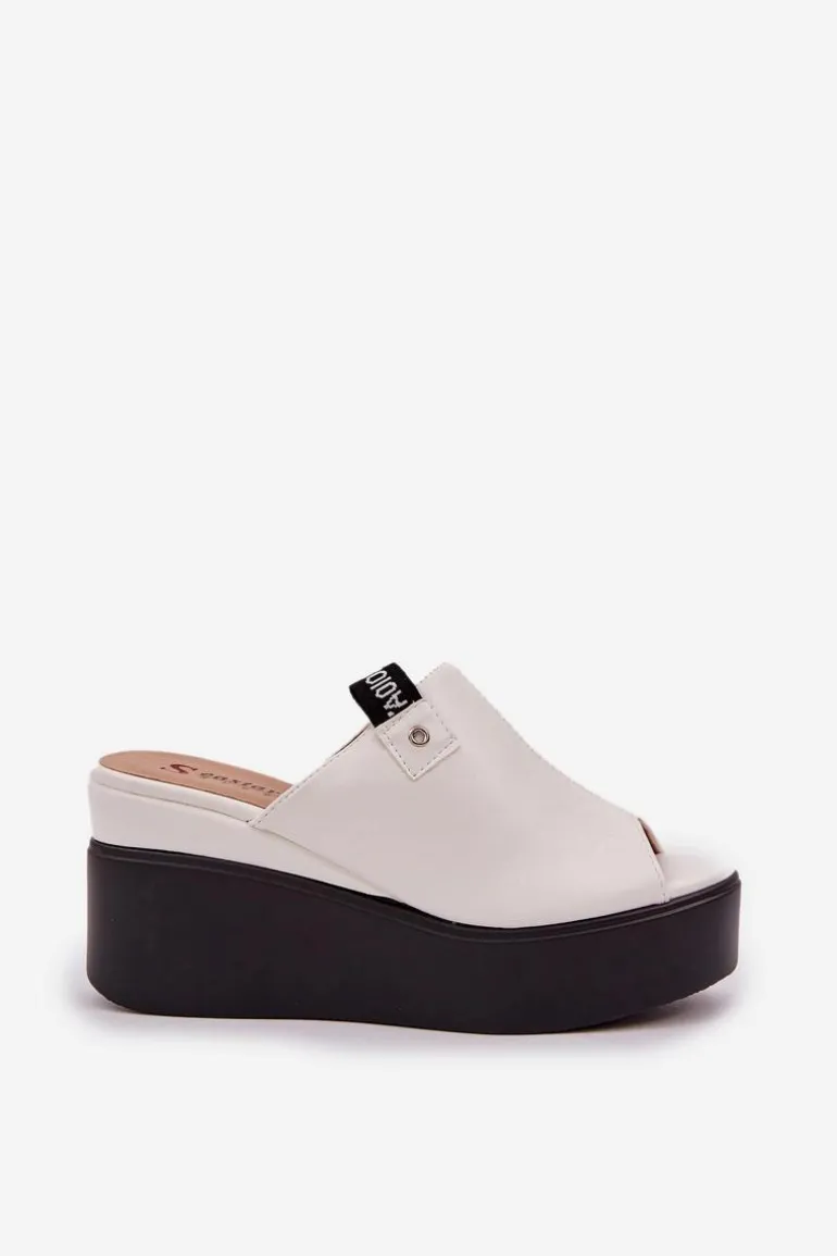 Klapki Na Platformie I Koturnie Eko Skórzane Białe Eridoria