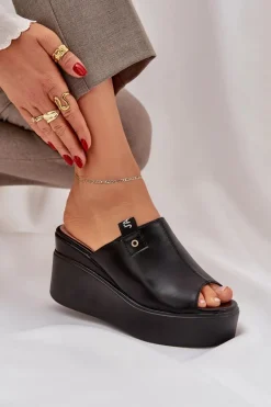 Klapki Na Platformie I Koturnie Eko Skórzane Czarne Eridoria