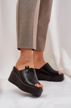 Klapki Na Platformie I Koturnie Eko Skórzane Czarne Eridoria