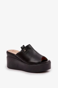 Klapki Na Platformie I Koturnie Eko Skórzane Czarne Eridoria