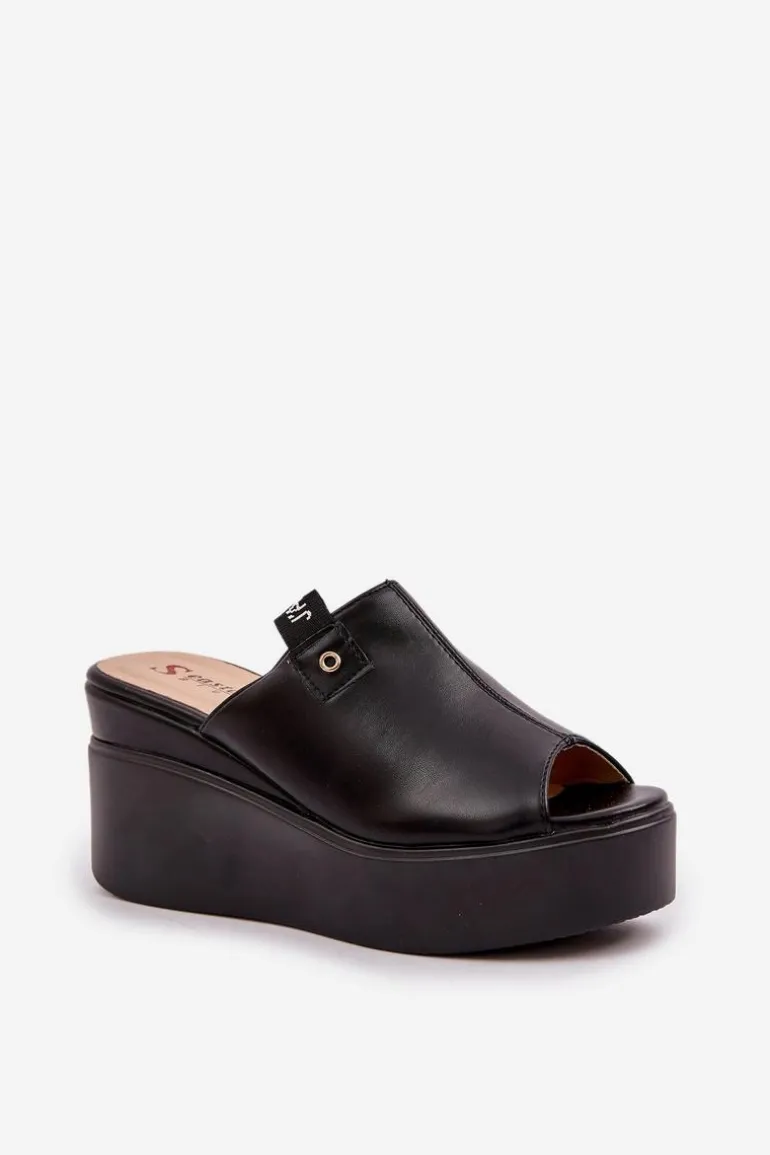 Klapki Na Platformie I Koturnie Eko Skórzane Czarne Eridoria