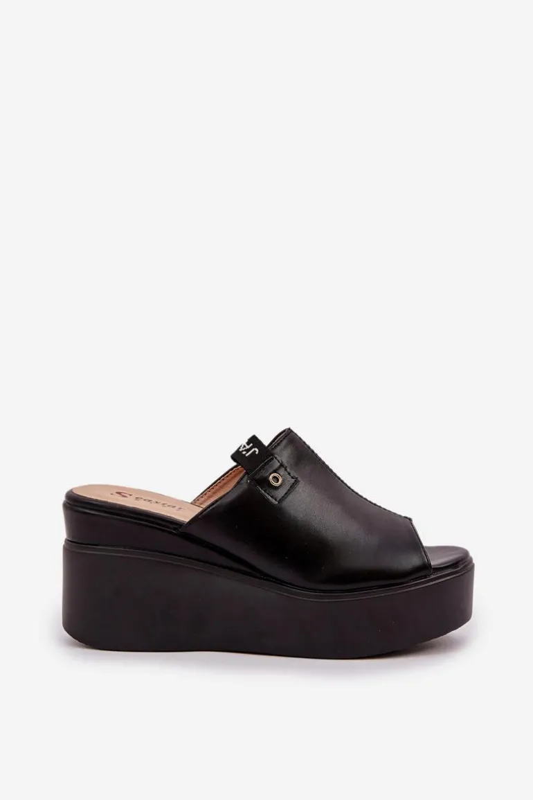 Klapki Na Platformie I Koturnie Eko Skórzane Czarne Eridoria