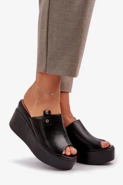 Klapki Na Platformie I Koturnie Eko Skórzane Czarne Eridoria
