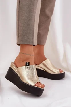 Klapki Na Platformie I Koturnie Eko Skórzane Złote Eridoria