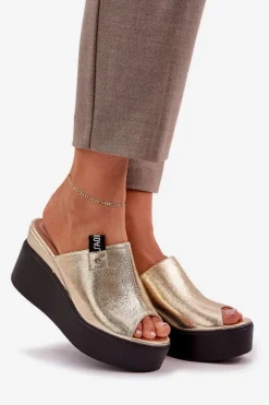 Klapki Na Platformie I Koturnie Eko Skórzane Złote Eridoria