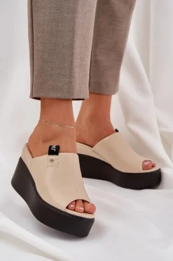 Klapki Na Platformie I Koturnie Eko Skórzane Beżowe Eridoria