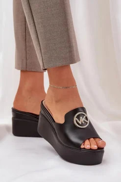 Klapki Na Platformie I Koturnie Z Ozdobą Czarne Nanessia