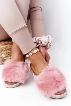 Klapki Na Platformie z Futerkiem Różowe Adventure