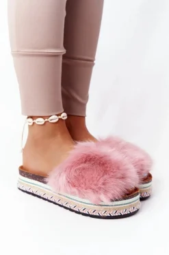 Klapki Na Platformie z Futerkiem Różowe Adventure