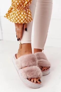 Klapki Na Platformie Z Futerkiem I Cyrkoniami Beżowe Wow!