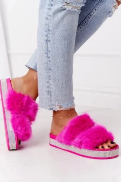 Klapki Na Platformie Z Futerkiem I Cyrkoniami Fuksja Wow!
