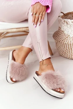 Klapki Na Platformie z Futerkiem Beżowe Adventure