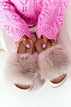 Klapki Na Platformie z Futerkiem Beżowe Adventure