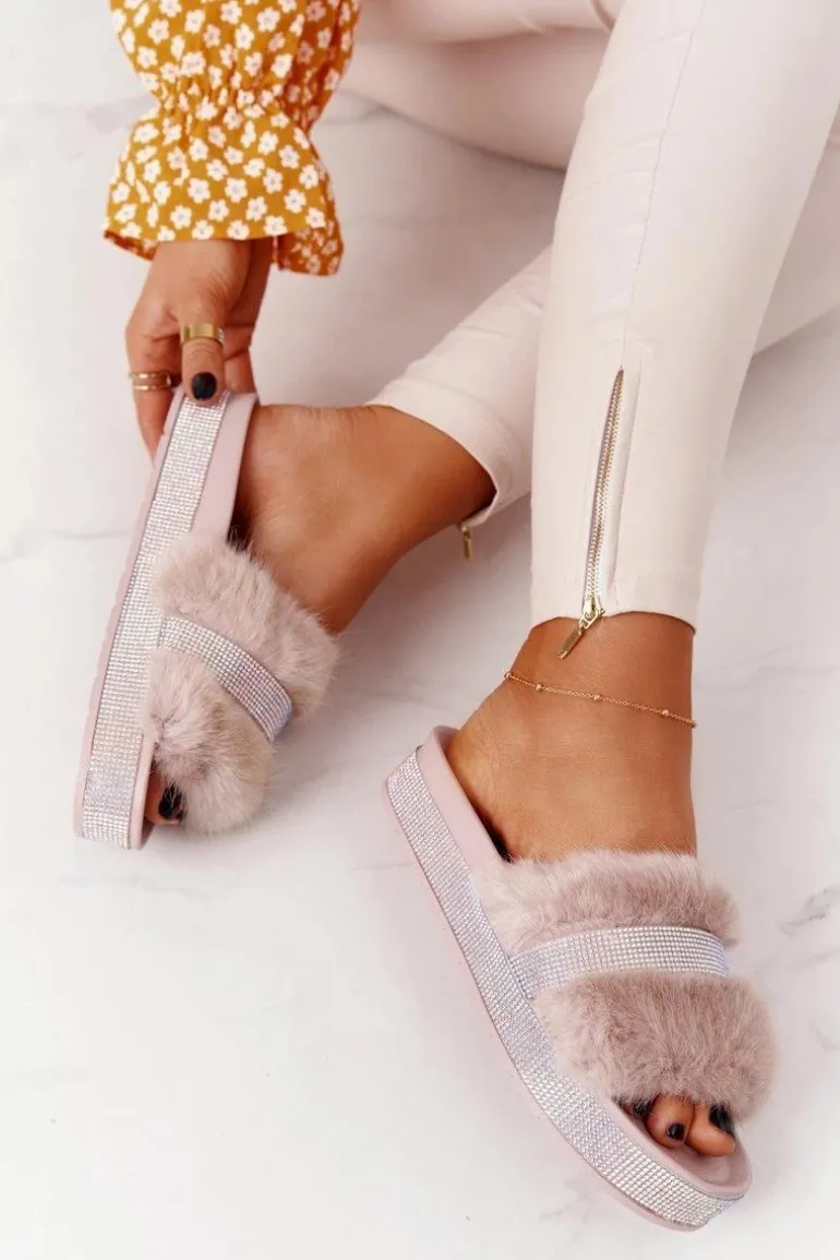 Klapki Na Platformie Z Futerkiem I Cyrkoniami Beżowe Impress