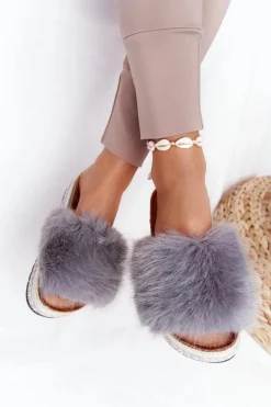 Klapki Na Platformie z Futerkiem Szare Adventure