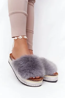 Klapki Na Platformie z Futerkiem Szare Adventure