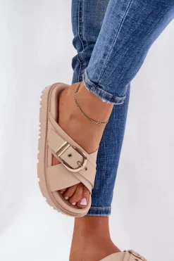 Klapki Na Platformie Z Klamrą Beżowe Honavia