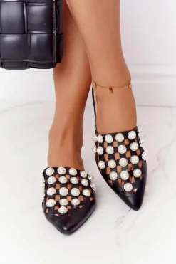 Klapki Z Cholewką I Perłami Czarne Ripple