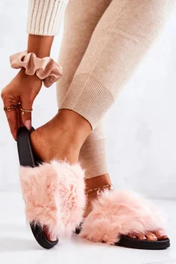 Klapki Z Futerkiem Gumowe Jasnoróżowe Pollie