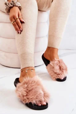 Klapki Z Futerkiem Gumowe Brudny Róż Pollie