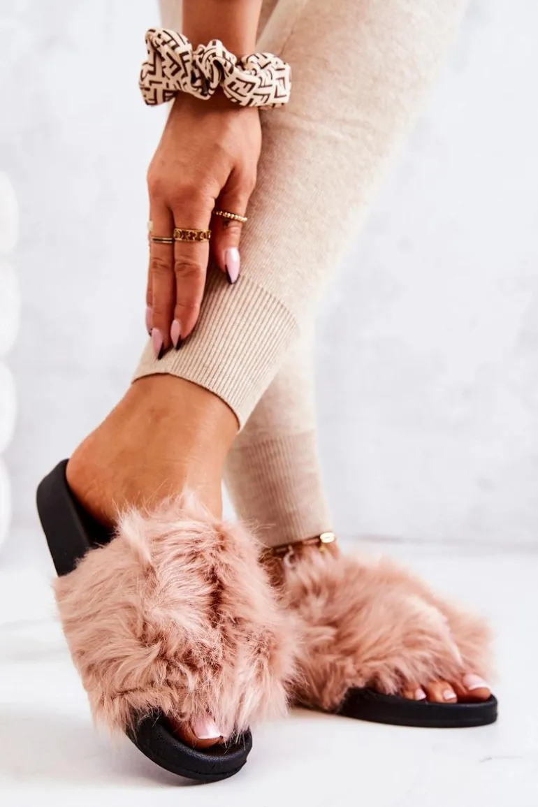 Klapki Z Futerkiem Gumowe Brudny Róż Pollie