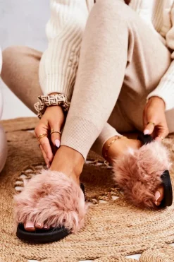 Klapki Z Futerkiem Gumowe Brudny Róż Pollie