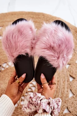 Klapki Z Futerkiem Gumowe Różowe Pollie