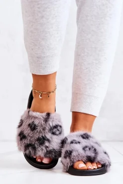 Klapki Z Futerkiem Gumowe Panterka Szare Noelle