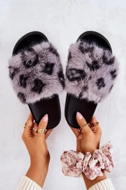 Klapki Z Futerkiem Gumowe Panterka Szare Noelle