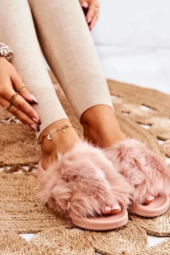 Klapki Z Futerkiem Gumowe Brudny Róż Allyson