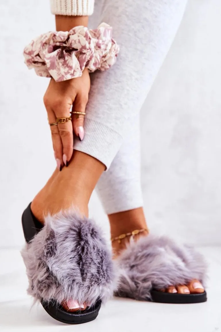 Klapki Z Futerkiem Gumowe Szare Pollie