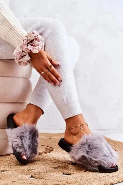 Klapki Z Futerkiem Gumowe Szare Pollie