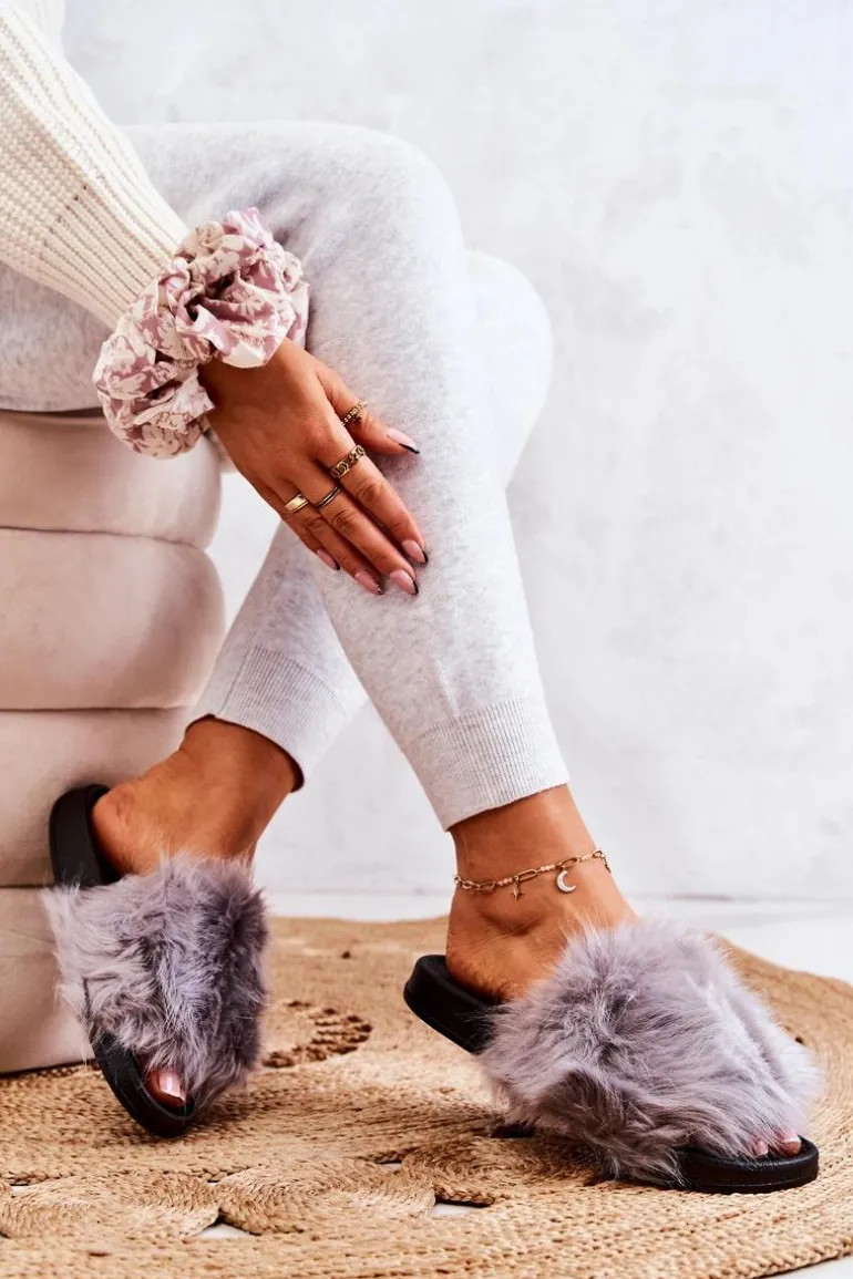 Klapki Z Futerkiem Gumowe Szare Pollie