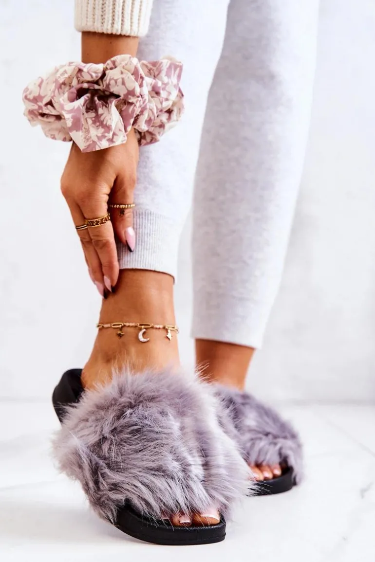 Klapki Z Futerkiem Gumowe Szare Pollie