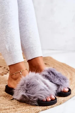 Klapki Z Futerkiem Gumowe Szare Pollie